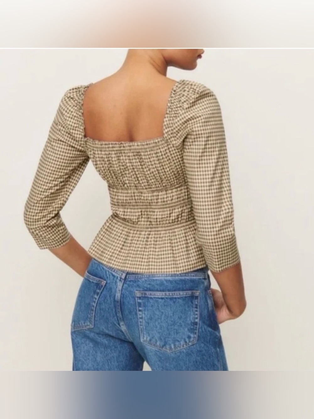 NWOT Reformation Lauryn Gingham Peplum Square-Neck Top in Beige - Picture 3 of 5